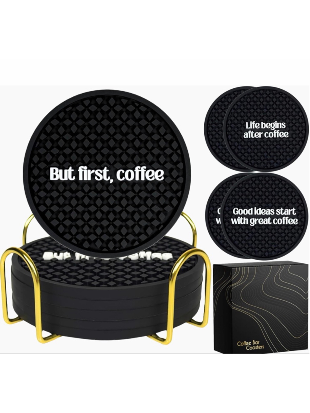 NEW Coffee Bar Coasters & Gold Holder Set of 6